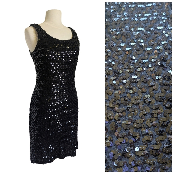80s 90s Black Lace & Sequin Bodycon Cocktail Party Dress Size Medium/ Large - Picture 1 of 13
